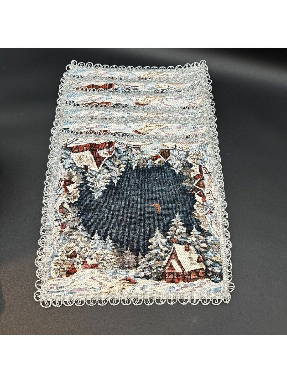 6 Christmas Holiday Village Blue White Woven Tapestry Placemats Russian VNC